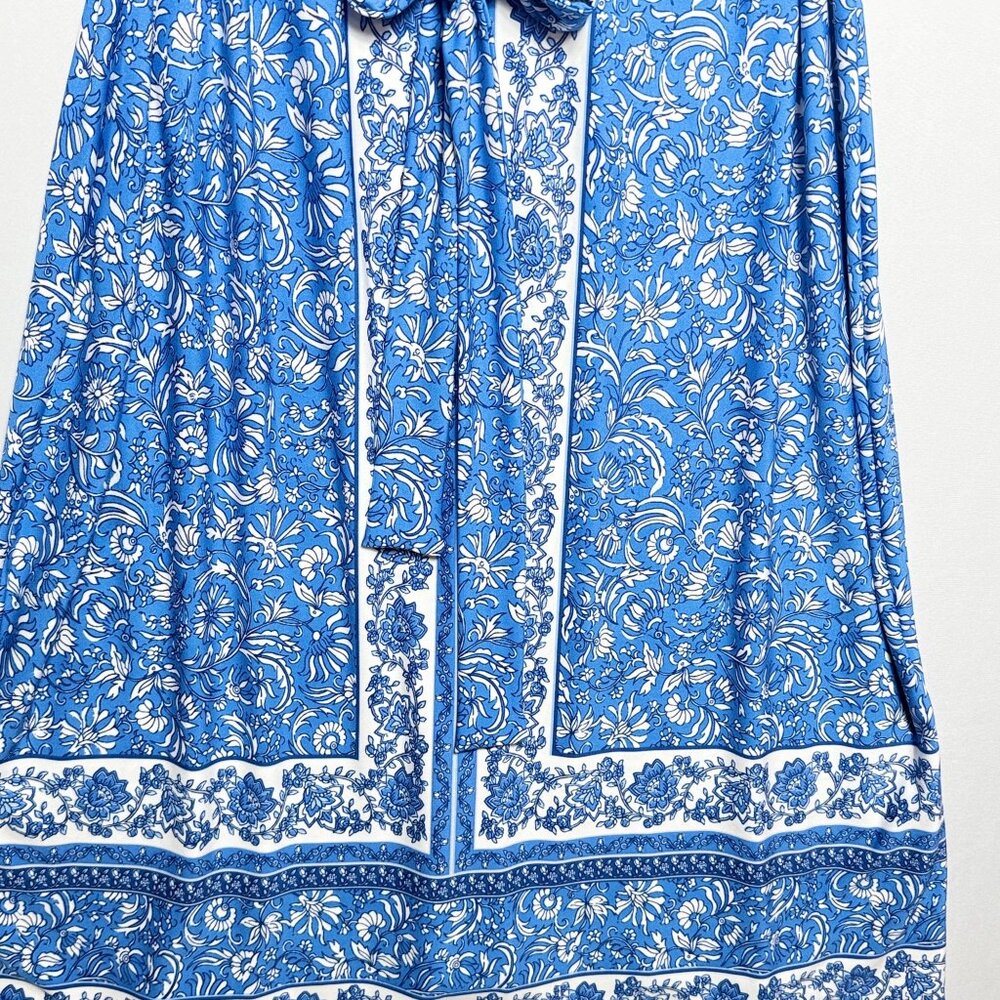 MSK Dress Womens XL Blue White Floral Sleeveless Midi Polyester Belted Casual - Picture 3 of 7